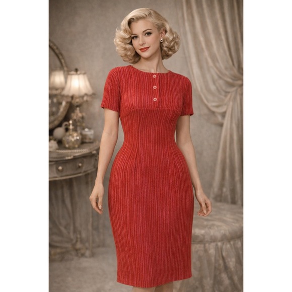 Vintage Dresses & Skirts - vintage Pamela Martin Red Knit Dress Short Sleeve Button Neck‎ Sheath Size XS